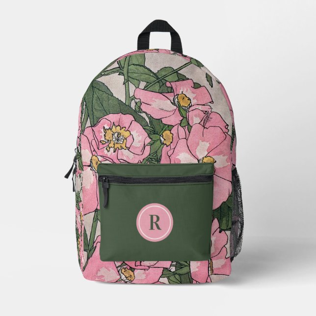 Stylish Pink Vintage Floral Monogram Printed Backpack (Front)