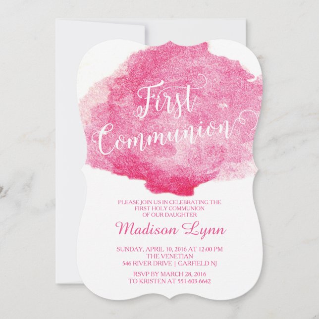 Stylish Pink Watercolor First Communion Invitation (Front)