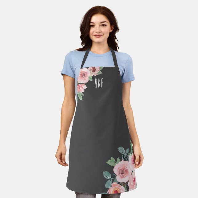 Stylish Pink Watercolor Floral Monogram Apron (Worn)
