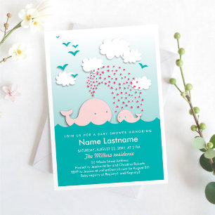 Stylish Pink Whales Hearts Mint Baby Shower Invitation