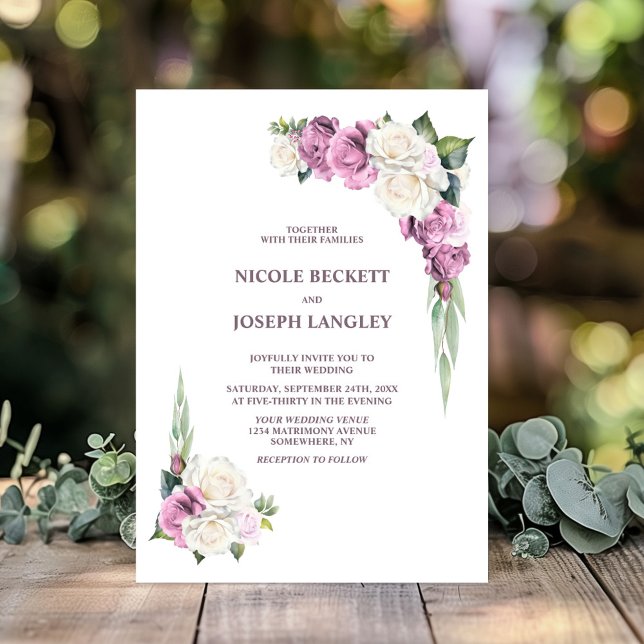 Stylish Pink White Rose Floral Wedding Invitation (Creator Uploaded)