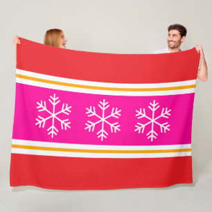 Stylish Pink White Yellow Red Stripes Snowflakes Fleece Blanket