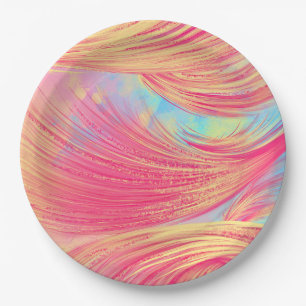 Stylish Pink Yellow Abstract Feathers  Paper Plate