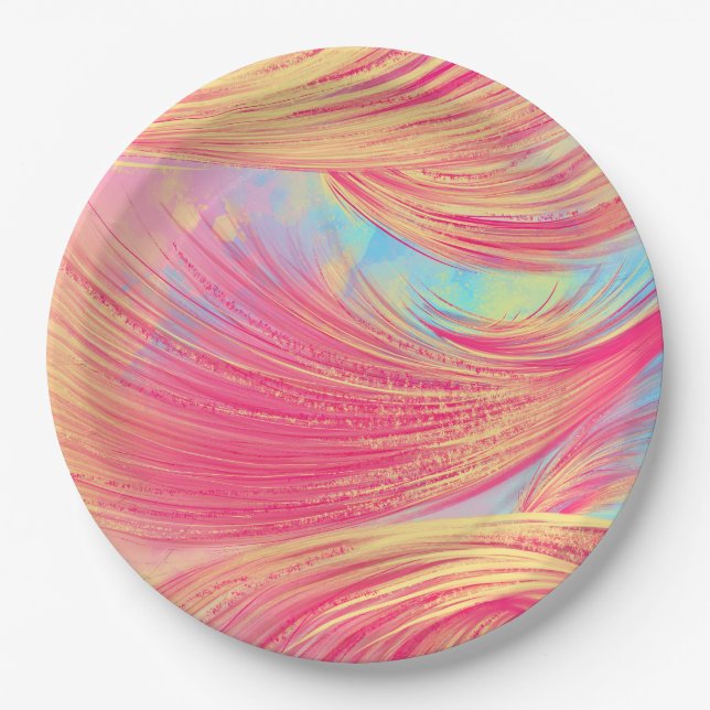 Stylish Pink Yellow Abstract Feathers  Paper Plate (Front)
