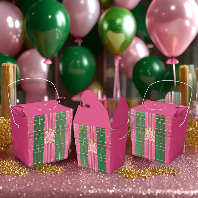 Stylish Plaid Pink and Green Gold Crest  Favour Box (Beautiful Festive Pink and Green Plaid Monogrammed Favor Boxes )