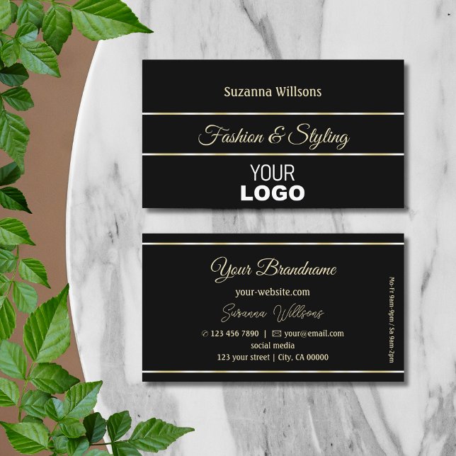 Stylish Plain Black Golden Stripes Chic with Logo Business Card (Creator Uploaded)