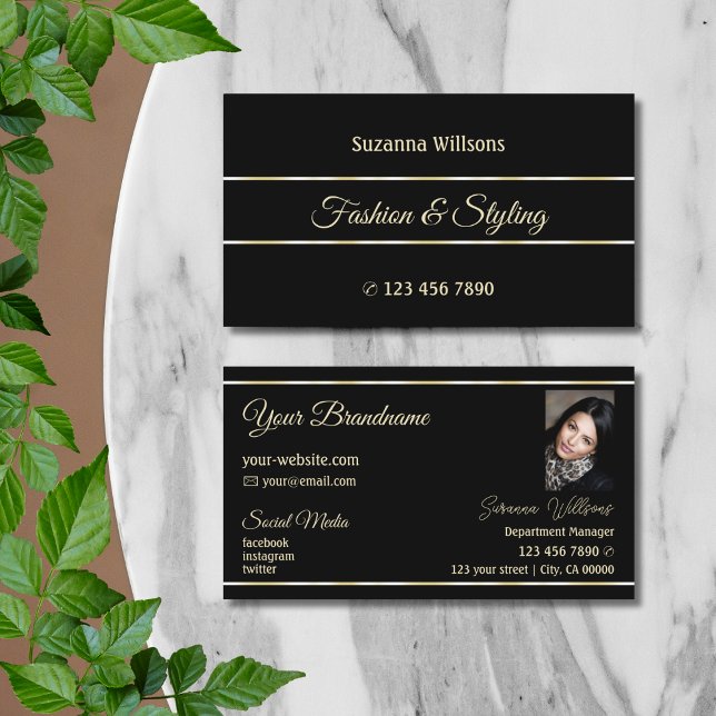 Stylish Plain Black Golden Stripes Chic with Photo Business Card (Creator Uploaded)