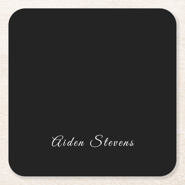 Stylish Plain Black & White Minimalist Add Name Square Paper Coaster (Front)