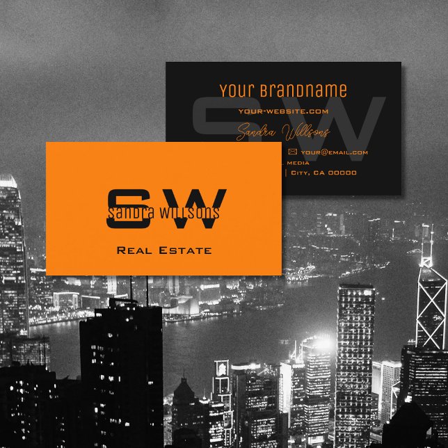 Stylish Plain Orange Black Simple with Monogram Business Card (Creator Uploaded)