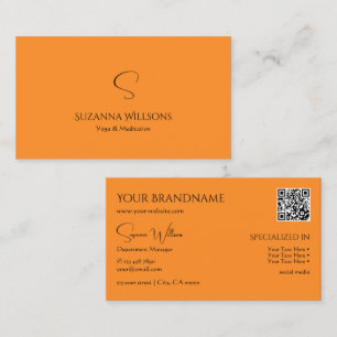 Stylish Plain Orange with Monogram and QR Code Business Card