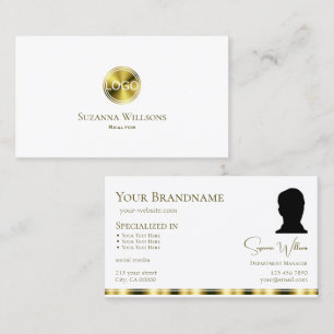Stylish Plain White Gold with Logo and Photo Chic Business Card
