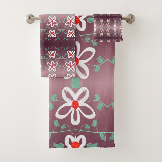 Stylish Plum and Red Floral Bath Towel Set (Insitu)