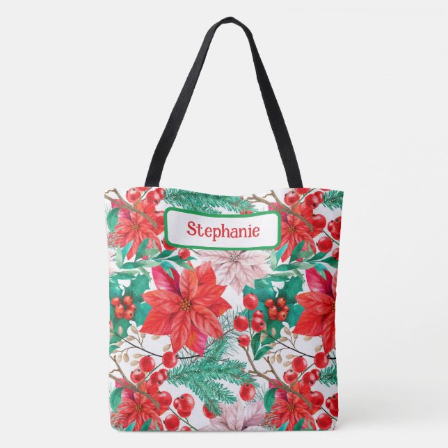 Stylish Poinsettias, Holly Berries, Pine Boughs  Tote Bag (Back)