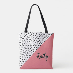 Stylish Polka Dot Pink & Black with Name Tote Bag