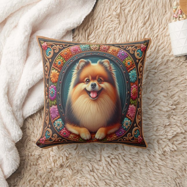 Stylish Pomeranian Dog Floral Colourful Border Cushion (Blanket)