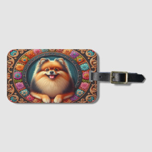 Stylish Pomeranian Dog Floral Colourful Border Luggage Tag