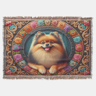 Stylish Pomeranian Dog Floral Colourful Border Throw Blanket