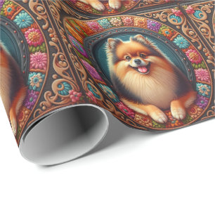 Stylish Pomeranian Dog Floral Colourful Border Wrapping Paper
