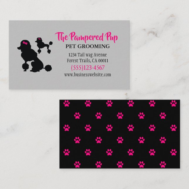 Stylish Poodle Dog Pet Grooming Pink Grey Business Card (Front/Back)