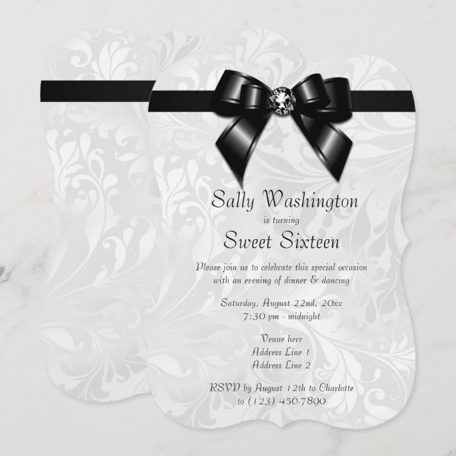 Stylish Posh Diamond Bow & Damask Sweet 16 Invitation (Front/Back)