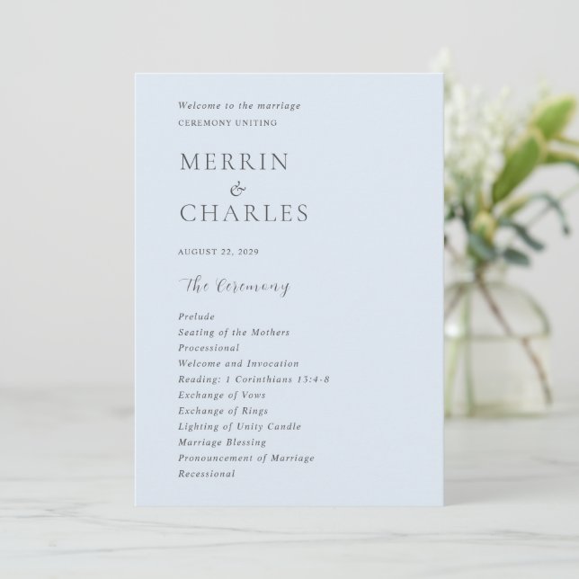 Stylish Powder Blue Modern Wedding Program (Standing Front)