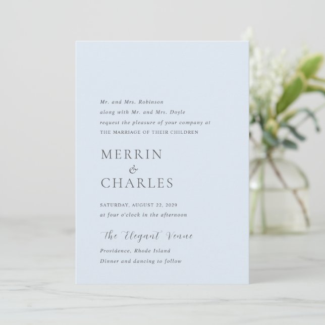 Stylish Powder Blue Photo Modern Wedding Invitation (Standing Front)