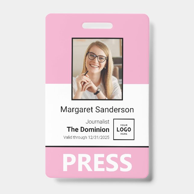 Stylish Press ID Badge with Photo and QR Code (Front)