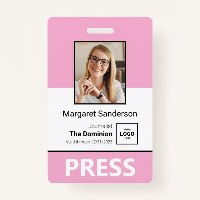 Stylish Press ID Badge with Photo and QR Code (Front)