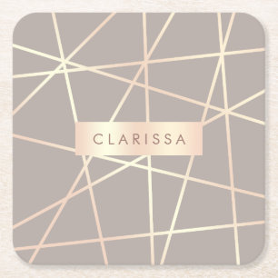 Stylish pretty chick rose gold & grey geometric square paper coaster