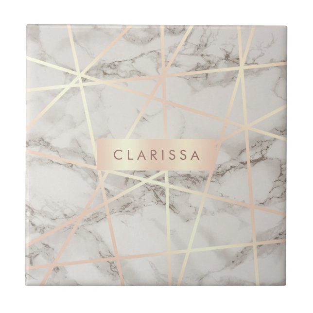 Stylish pretty chick rose gold & white marble ceramic tile (Front)