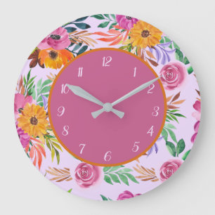 Stylish Pretty Floral Pink Orange Yellow Flower Large Clock