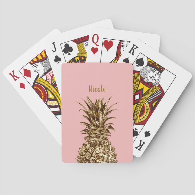 Stylish pretty girly gold & pastel pink pineapple playing cards (Back)
