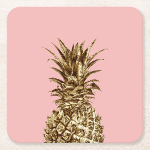 Stylish pretty girly gold & pastel pink pineapple square paper coaster