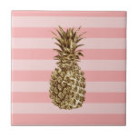 Stylish pretty girly gold pineapple & pink stripe ceramic tile<br><div class="desc">Elegant and cute faux gold pineapple.</div>