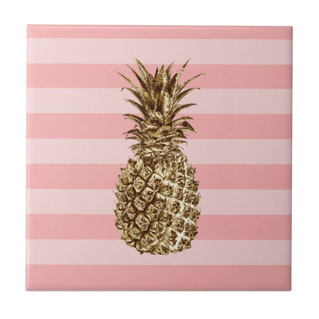 Stylish pretty girly gold pineapple & pink stripe ceramic tile (Front)