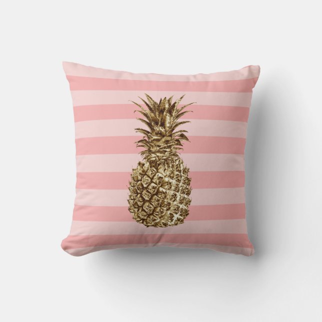 Stylish pretty girly gold pineapple & pink stripe cushion (Front)