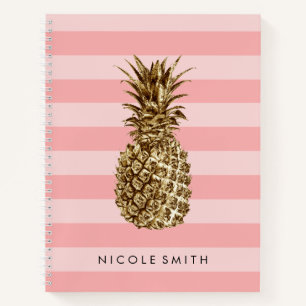 Stylish pretty girly gold pineapple & pink stripe notebook