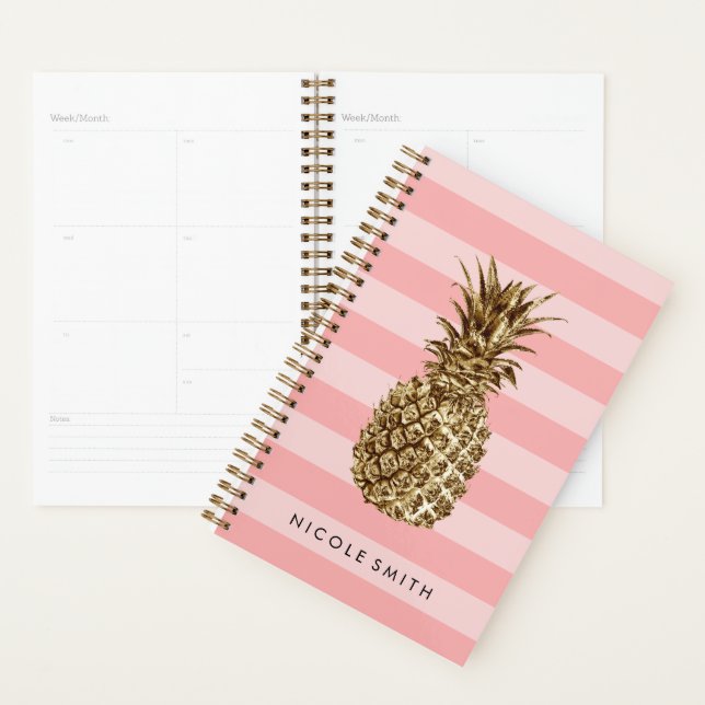 Stylish pretty girly gold pineapple & pink stripe planner (Display)