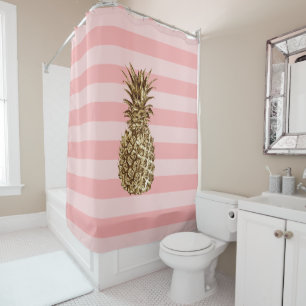 Stylish pretty girly gold pineapple & pink stripe shower curtain