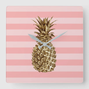 Stylish pretty girly gold pineapple & pink stripe square wall clock