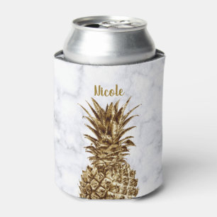 Stylish pretty girly gold & white marble pineapple can cooler