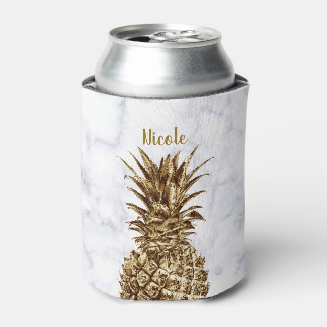 Stylish pretty girly gold & white marble pineapple can cooler (Can Front)