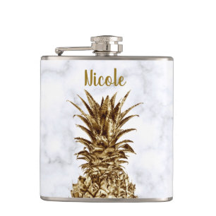 Stylish pretty girly gold & white marble pineapple hip flask