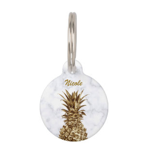 Stylish pretty girly gold & white marble pineapple pet tag