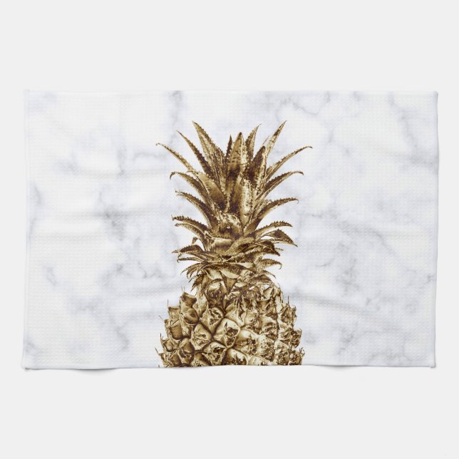 Stylish pretty girly gold & white marble pineapple tea towel (Horizontal)