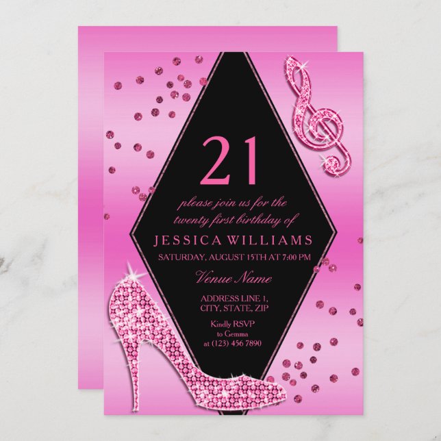 Stylish Pretty Glitzy Pink 21st Birthday Invitation (Front/Back)