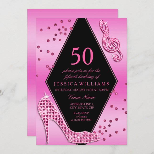 Stylish Pretty Glitzy Pink 50th Birthday Invitation (Front/Back)
