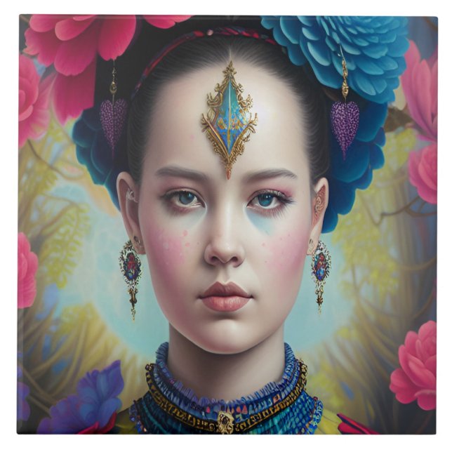 Stylish princess with tartan outfit ceramic tile (Front)