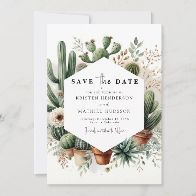 Stylish Printable Cactus Wedding Save The Date (Front)