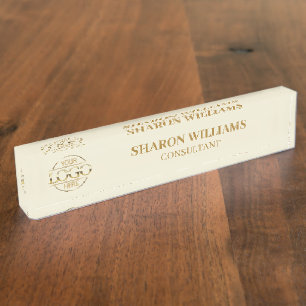 Stylish Professional Beige Gold Logo Office Title Nameplate